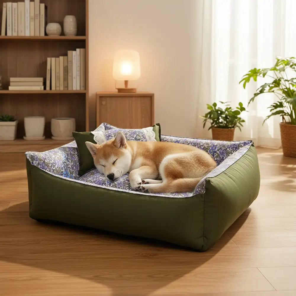 Lit pour chien anti-statique lavable, imprimé floral, toutes saisons. - Image 9