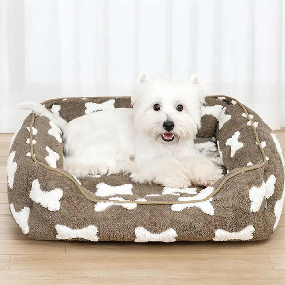 Lit pour chien en peluche à motif os carré pour sommeil profond