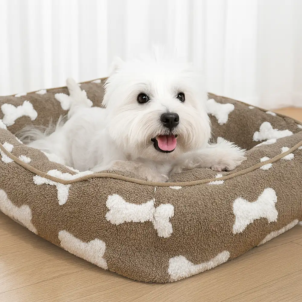 Lit pour chien en peluche à motif os carré pour sommeil profond - Image 3