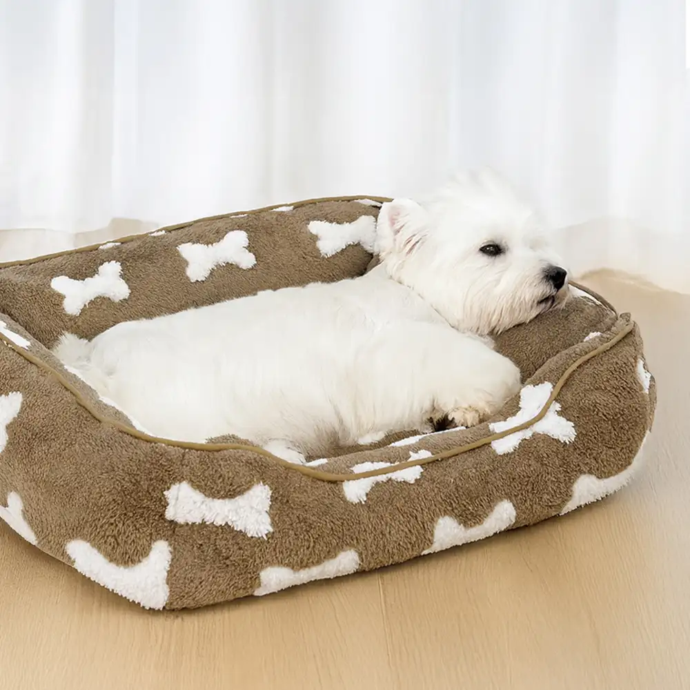 Lit pour chien en peluche à motif os carré pour sommeil profond - Image 7