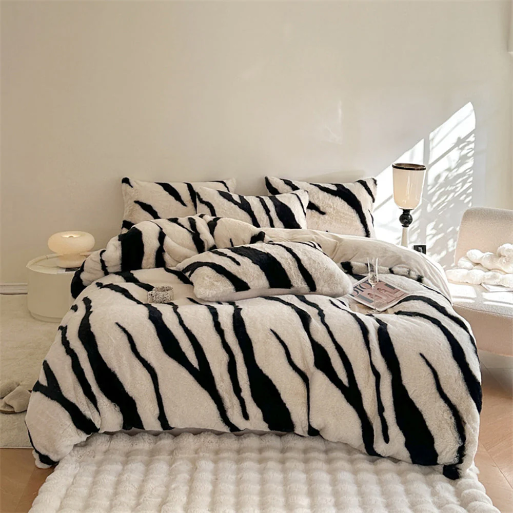 Parure de lit zébré épais en fausse fourrure housse de matelas - Image 11