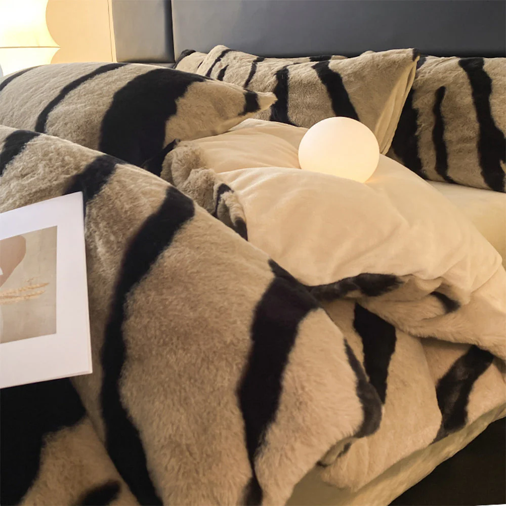 Parure de lit zébré épais en fausse fourrure housse de matelas - Image 12