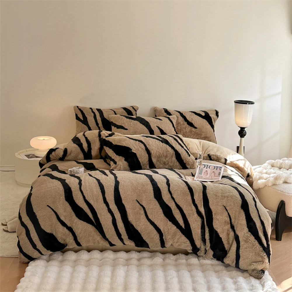 Parure de lit zébré épais en fausse fourrure housse de matelas - Image 9
