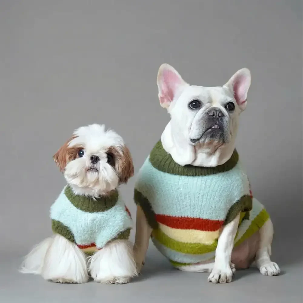 Pull pour chien en peluche tricoté avec col montant rayé élégant