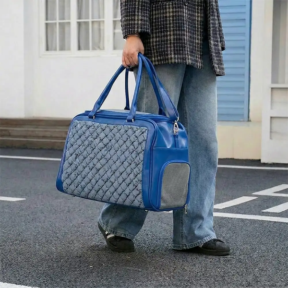 Sac de transport pour animaux stylé, matelassé, en patchwork, respirant et léger pour chien et chat. - Image 9
