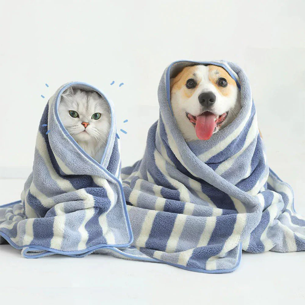 Serviette de bain rayée pour chien et chat absorbante à séchage rapide épaissie et douce