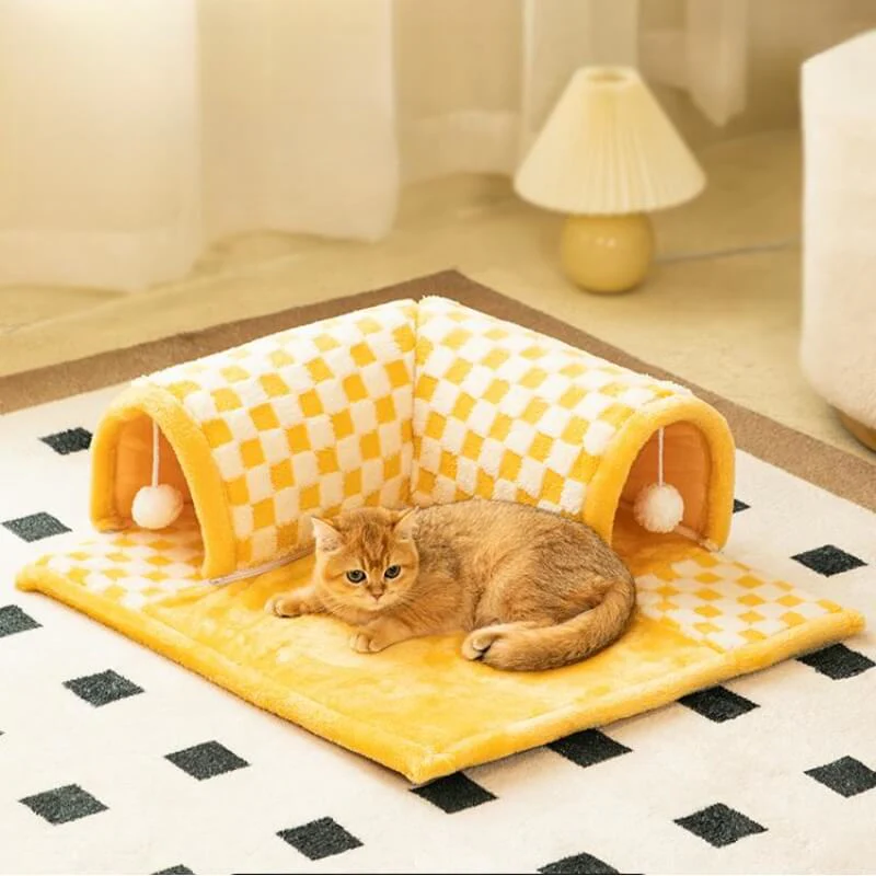 Tunnel de chat en peluche drôle à carreaux 2-en-1 - Image 3