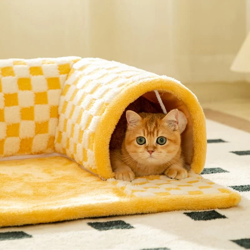 Tunnel de chat en peluche drôle à carreaux 2-en-1 - Image 4